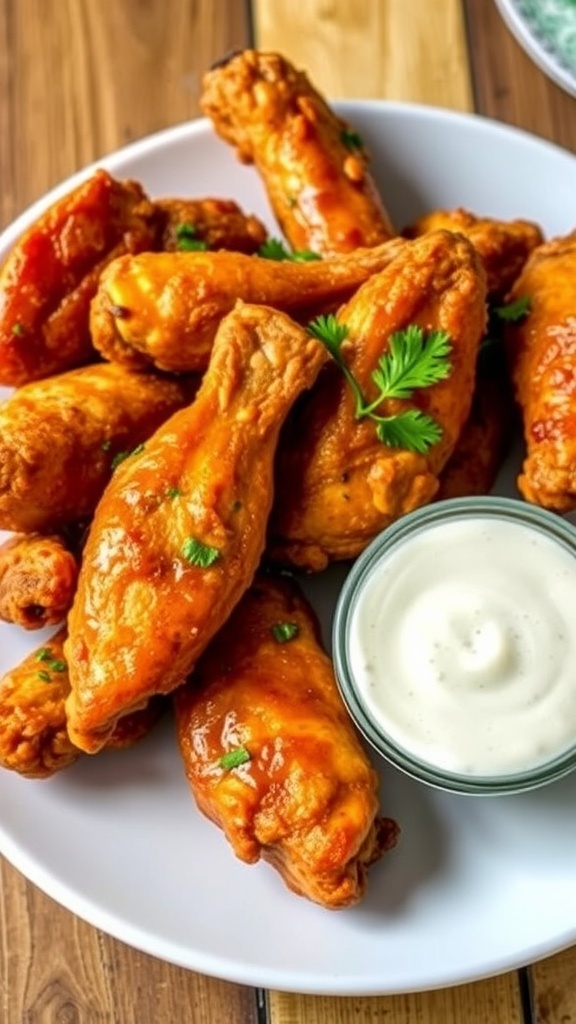 Crispy Chicken Wings in Power XL Air Fryer Recipe Crispy chicken wings served on a plate with ranch sauce and garnished with parsley.